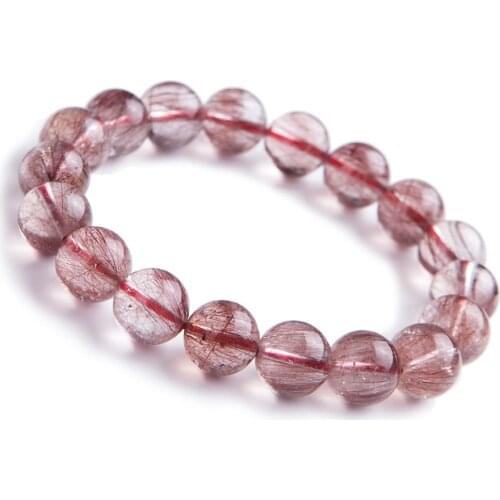 11mm Genuine Natural Red Rutilated Quartz Crystal Round Clear Beads Stretch Charm Bracelet