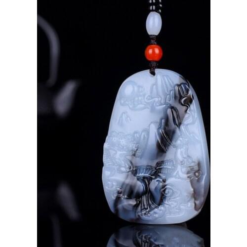 Natural Blue and White Hand Carved Landscape Brand Jade Pendant Fashion Jewelry Mens and Womens Floating Flower Necklace