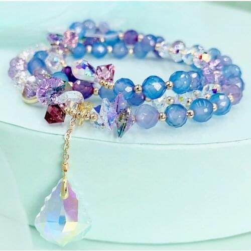 Original Brazilian Agate Multi-layer Bracelets for Women Girls Austrian Crystal Baroque Leaf Pendant High-end Jewelry