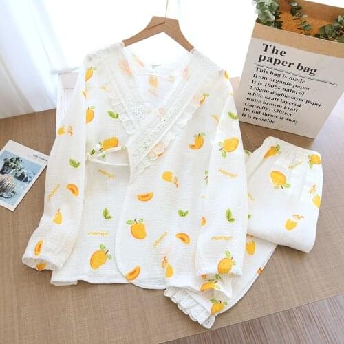 Spring/ Autumn Pajamas Set Women Pure Cotton Crepe Thin Summer V-neck Lace Long Sleeve Ladies Kimono Sleepwear Comfy Home Wear