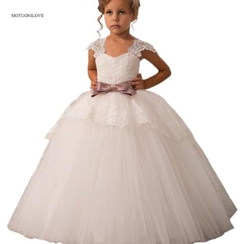 Flower Girls Dresses for Weddings Elegant Children Prom Long Party Dress with Bow Lace Straps Kids Toddler Girls Evening Dress