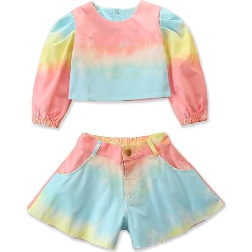 Lovely Baby Girls Tie-dyed Two-piece Clothes Suit Long Puff Sleeve Round Neck Crop Tops with Short Pants for Autumn Spring