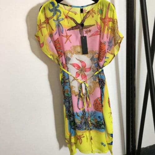 Bat Sleeve Thin Silk Chiffion Oversize Summer Dress Bandage Rope O-Neck Drop Sleeves Holiday Beach Sundress Clothing 2021