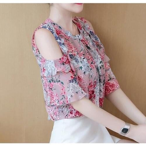 Off Shoulder Women Spring Summer Style Chiffon Blouses Shirts Lady Casual Stand Collar Flower Printed Chiffon Blusas Tops ZZ0716