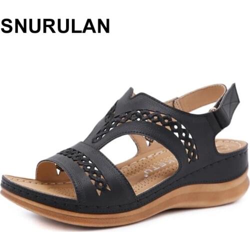 SNURULANFlat Sandals Women Genuine Leather Sandals For Mother Summer Beach Shoes Hook-Loop Ladies Sandals Casual Shoes Basic San