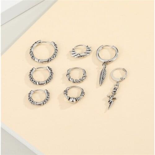 1PC Punk Gothic Feather Skeleton Lightning Earrings For Men Women Vintage Stainless Steel Winding Bead Hoop Earrings Ear Stud