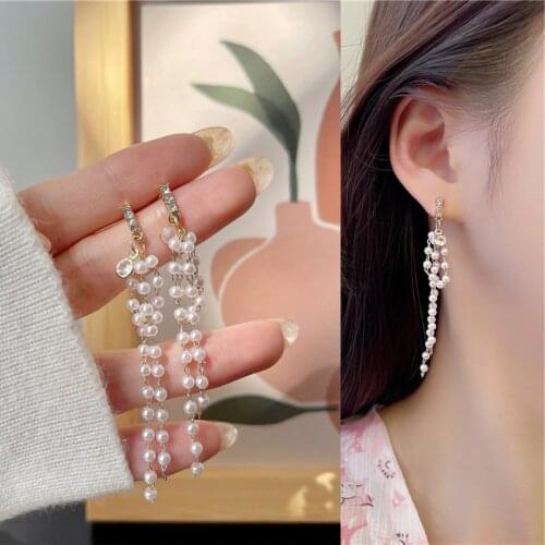 Vintage Elegant Rhinestone Pearl Tassel Pendant Drop Earrings for Women Girls Teens Ear Jewelry Earrings 2021 Trend New Arrival