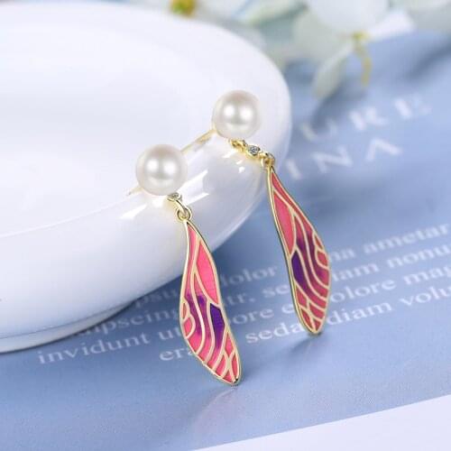 Vintage Ethnic Dragonfly Wing Drop Earrings For Women Epoxy Flame Pattern Pearl Dangle Earring Stud Elegant Piercing Ear Jewelry