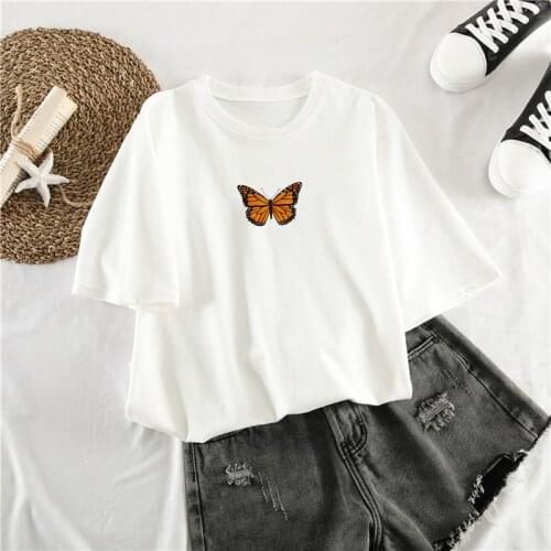 Butterfly print fun plus size Vintage tops short-sleeved Ulzzang loose fashion tees casual summer female fun cute O-Neck T-shirt