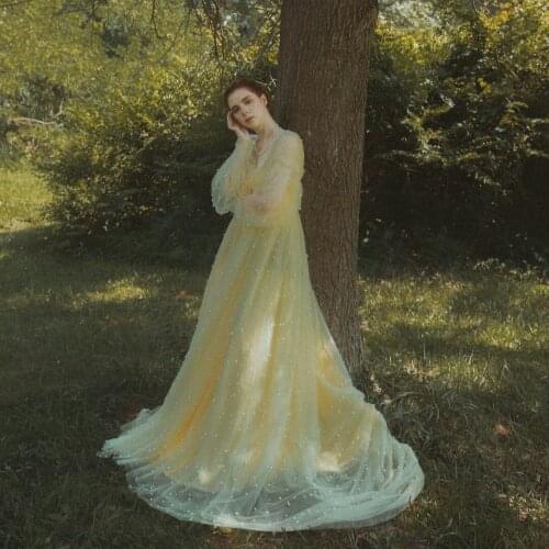 Yellow Pearl Tulle Maternity Dresses A Line Long Sleeve Maternity Gown for Photoshoot Boudoir Lingerie Robe Bathrobe Nightwear