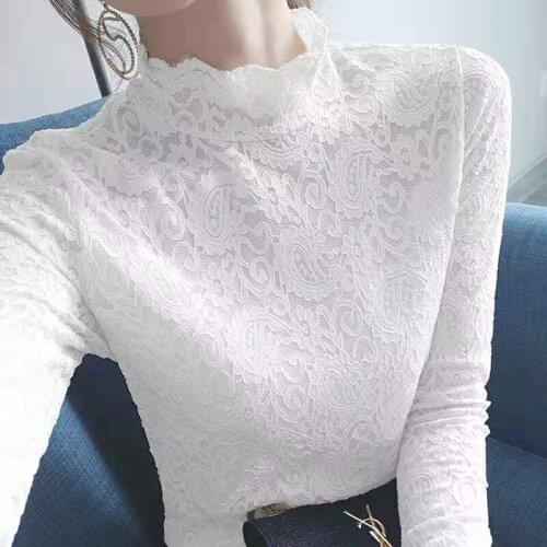 Womens Spring Autumn Style Blouse Shirt Womens Solid Color Patchwork Embroidery Turtleneck Long Sleeve Sexy Lace Tops DD8348
