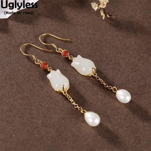 Uglyless 100% Real Gemstone Jade Tulip Earrings for Women Freshwater Pearls Tassel Long Earrings 925 Silver Summer Dress Brincos