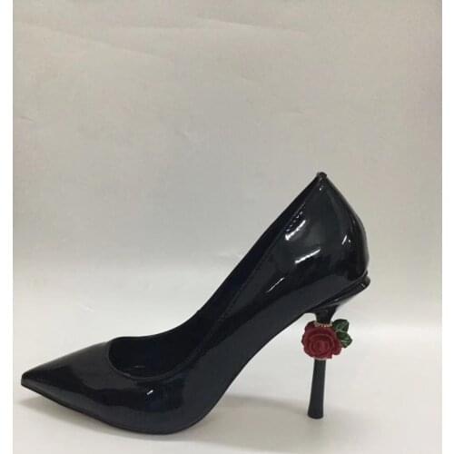 Moraima Snc Newest Patent Leather High Heel Shoes Sexy Pointed Toe Rose Flower Strange Heels Woman Shoes Party Wedding Heels Red