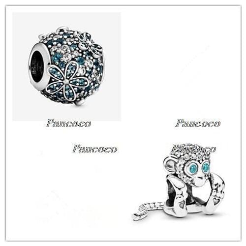 925 Sterling Silver Charm Teal Pave Daisy Flower Charm Bead Fit Women Pandora Bracelet & Necklace Jewelry