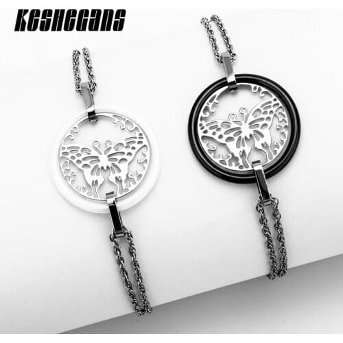 New Black White Ceramic Stainless Steel Beautiful Hollow Butterfly Flake Ceramic Circle Unique Design Elegant Bracelet For Women