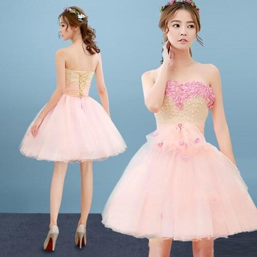 Pink short knee length sweat lady girl women princess bridesmaid banquet party performance dress gown