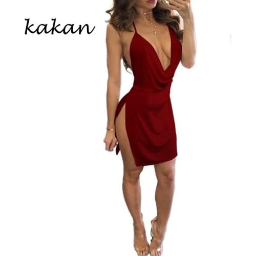 Kakan summer new womens suspender dress high slit sexy low-cut backless dress multi-color optional XS-3XL dress