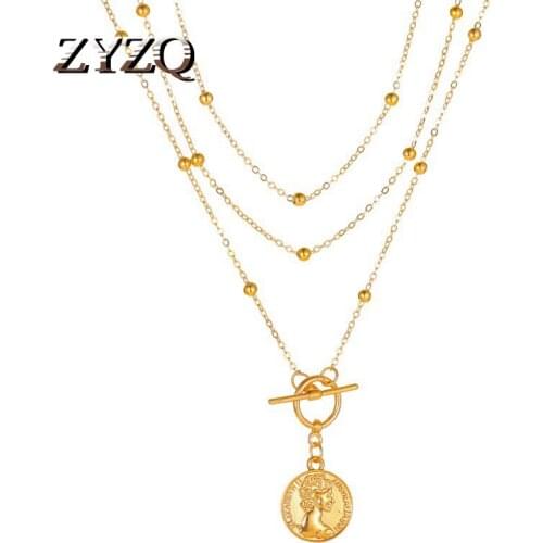 ZYZQ The New Punk Style Portrait Coin Pendant Hipster Long Metal One Word Buckle Multilayer Necklace