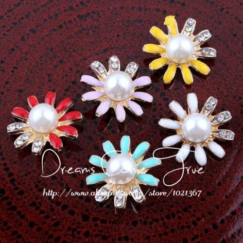 50pcs/lot 15MM 5Colors Mini Daisy Shaped Metal Buttons For Baby Hair Accessories Alloy Shiny Pearl Rhinestone Button For Craft