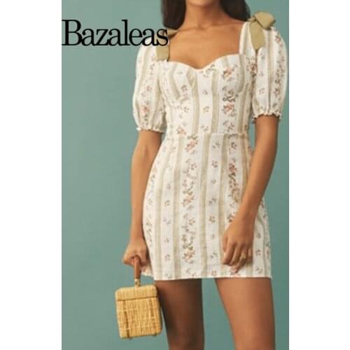 Bazaleas Summer 2021 Floral Heath Green Stripe Patchwork Cream Vestidos Retro Short Sleeve Back Bandage Dress Vintage Girl Dress