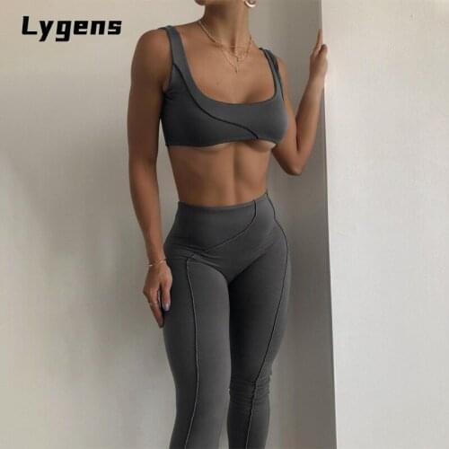 Blingirl 2021 Autumn Winter Women Patchwork Crop Top Tanks High Waist Leggings 2 Pieces Set Tracksuit Casual Outfit Sporty Wear