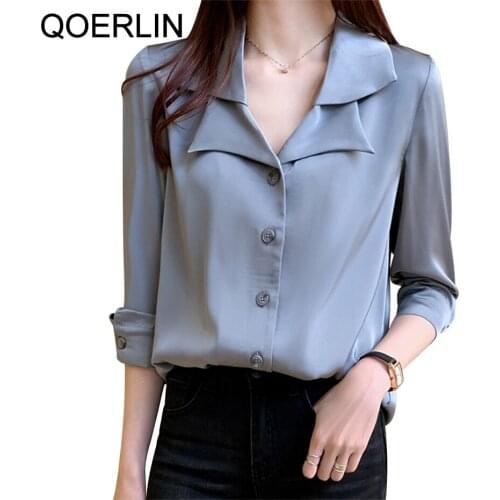 Double Turn-Down Collar Blouse Ladies Satin Shirt Women Tops 2020 Autumn Spring New Loose Long Sleeve Chiffon Shirt Plus Size