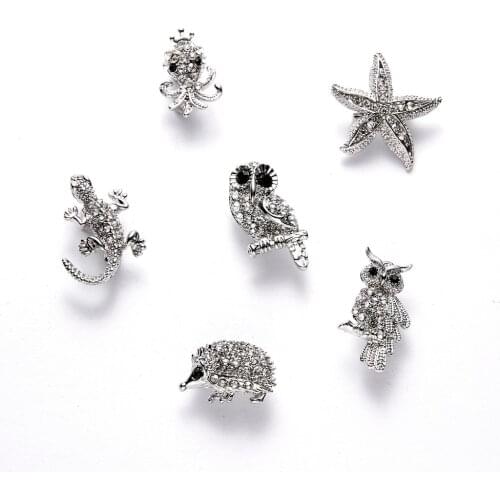Lovely Crystal Rhinestone Animal Brooch Owl Hedgehog Starfish Clothes Lapel Pin For Women Jewelry Silver Color Alloy Brooch
