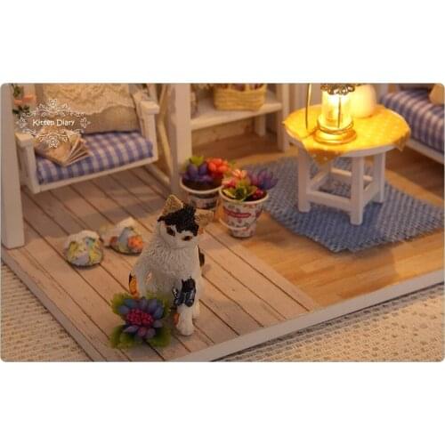 DIY Wooden Dollhouse with Miniature Furniture Accessories, Miniature Handmade 3D Puzzle Dollhouse Model Kits -Kitten Diary