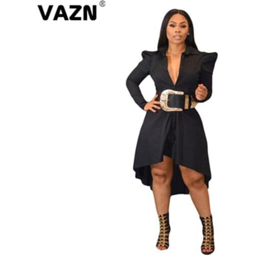 VAZN 2020 Top Quality Plus Size Young Black Sexy Club Free Elegant Solid Full Sleeve Women High Waist Ball Gown Midi Dress