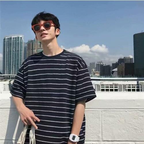 Summer Oversized Cotton T-Shirt O-neck Funny Harajuku Tshirt Streetwear Men Striped Japan Hip Hop Loose Half Sleeve T shirts