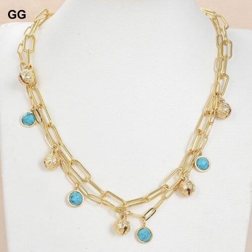 GuaiGuai Jewelry 17'' 2 Rows Gold Color Plated Small Bell Blue Turquoises Coin Pendant Chain Necklace For Women