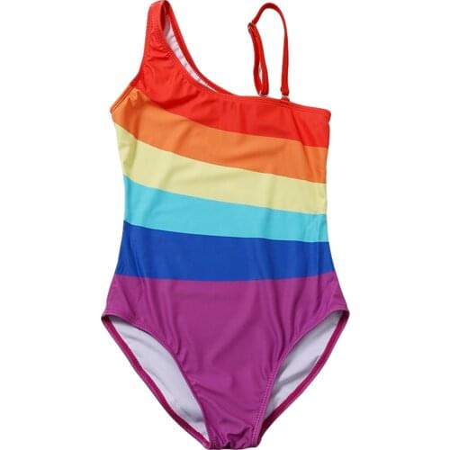 Kid Teen Girl Colorful Monokini Swimsuits One Piece Rainbow Stripe Bathing Suits Swimwear Girls' swimsuit