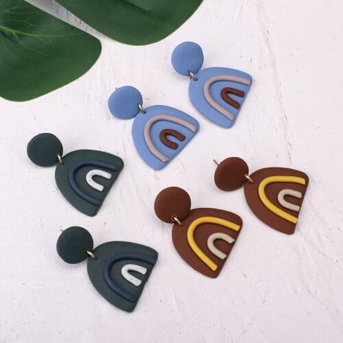 Lifefontier Korean Blue Green Polymer Clay Drop Earrings for Women Unusual Geometric Semicircle Round Dangle Earrings Jewelry