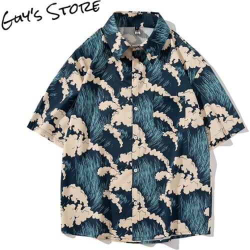 Mens retro street print short-sleeved shirt hawaiian shirt oversized shirt button down shirts for men