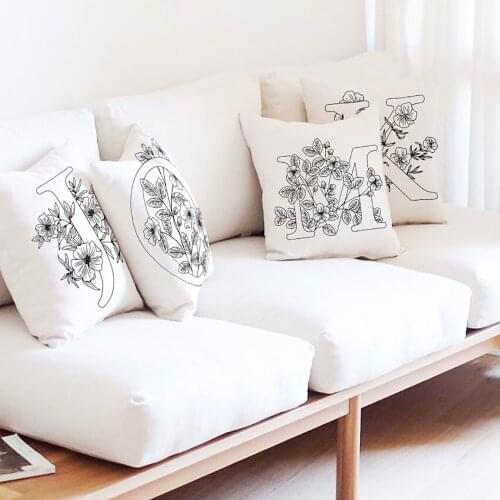 Black English Alphabet Letter Flower Print Pillowcase Polyester Throw Pillow Hollow Soft Cushion Cover Living Room Decoration