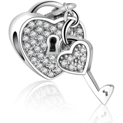2019 NEW 925 Sterling Silver Beads Fit Original Charms Bracelets Heart lock key Dangle Charm With Blue Cubic Zirconia Berloque