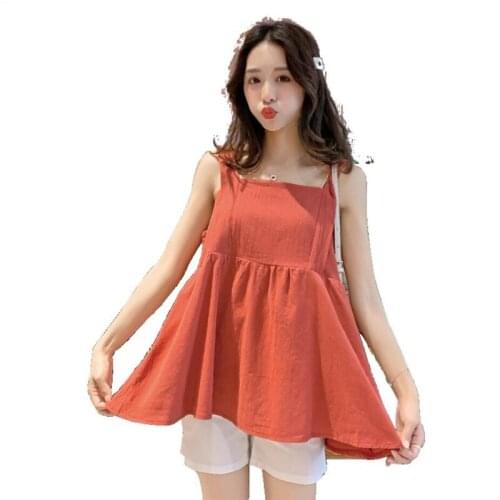 New summer thin section cotton pregnant women two-piece suit loose doll shirt sleeveless top + stomach lift shorts
