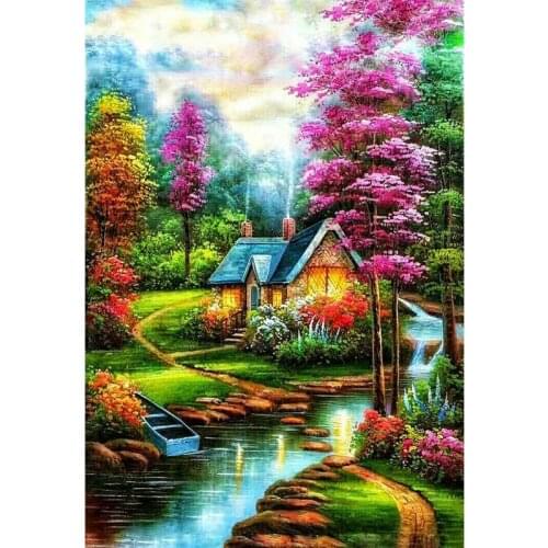 Village house scenic Diamond Painting countryside tree landscape Full Diamond Embroidery Cross Stitch Rhinestone Mosaic Painting