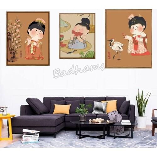 Canvas Poster Hairpin Lady Figure Classical Style Fat Face Auspicious Character Inkjet Handicraft Decoration Frameless Painting