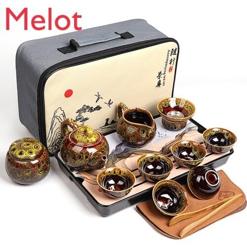 Travel Tea Set Kiln Transmutation Ceramic Jianzhan Car Kung Fu Tea Set Customized Portable Bag Storage Bag Customized Gift