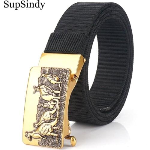 SupSindy Mans nylon belt luxury kangaroo metal automatic buckle Canvas Belts for men fashion jeans Waistband outdoor male strap