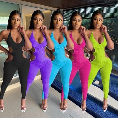 Solid Color Cut Out Jumpsuit Back Lace Up for Women Halter V Neck Sleeveless Bodycon Outfits Summer One Piece Bodycon Overalls