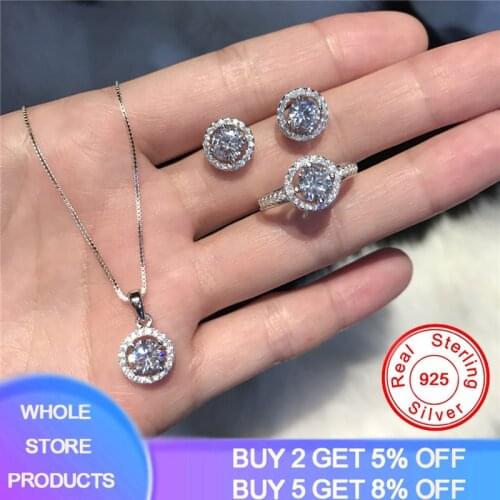 YANHUI 100% Original 925 Sterling Silver Bride Jewelry Sets 1.0ct Lab Diamond Wedding Ring Necklace Earrings Silver 925 Jewelry