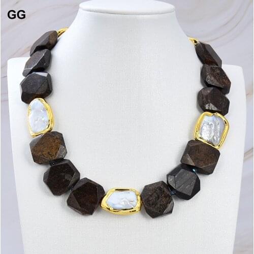 GuaiGuai Jewelry Natural White Keshi Pearl Gold Color Natural Faceted Brown Bronzite Chunky Slice Rectangular Necklace For Women