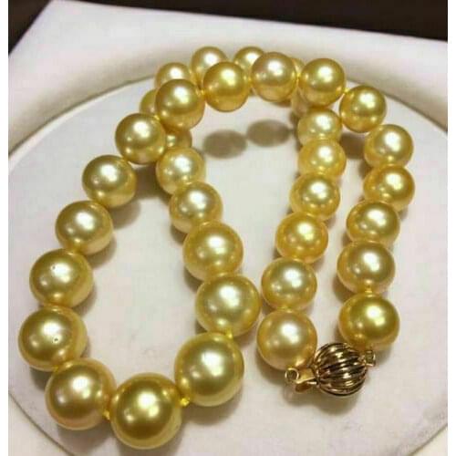 10MM Golden Natural AAA SOUTH SEA SHELL PEARL NECKLACE 18k/20 Gold Clasp 18"