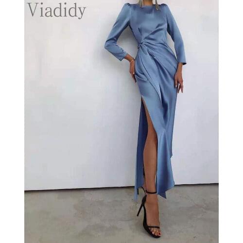 Women Elegant Long Sleeve Solid Color Satin Round Neck Side Slit Ruched Lace-up Party Dress