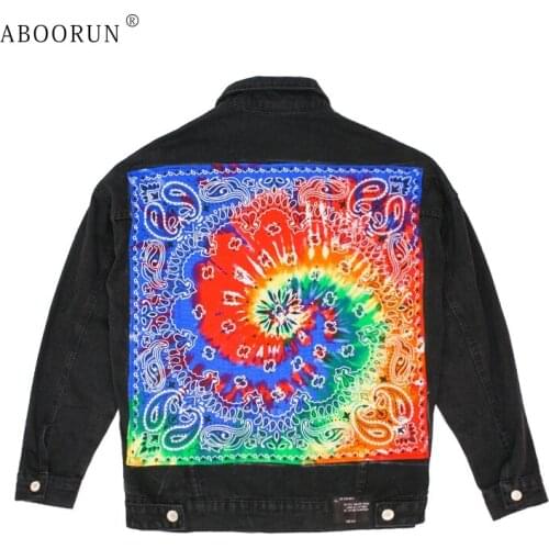 ABOORUN Mens Hip Hop Gradient Cashew Flower Printed Denim Jackets Embroidery Patchwork Jacket Streetwear Oversize Coat