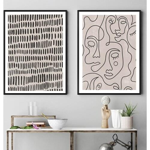 Dots Stripes Abstract Art Print Neutral Wall Pictures Boho Contemporary Brush Art Canvas Painting Face Line Poster Home Decor