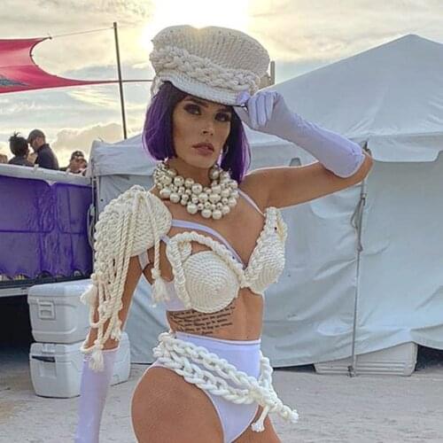 White Gogo Dancer Accessories Qrag Queen Costume Sexy Festival Clothing Stage Costume Pole Dancing Wear DJ DS Clubwear DL7958