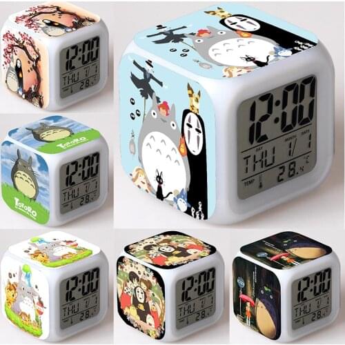 Tonari No Totoro Clocks Spirited Away Kids Child Boys Girls Wake Up Clock 7 Color Changing LED Night Light Watch Gift